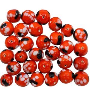 Murano Glass Orange Black & White Vintage Smooth Round Beads Jewelry Making 30pc